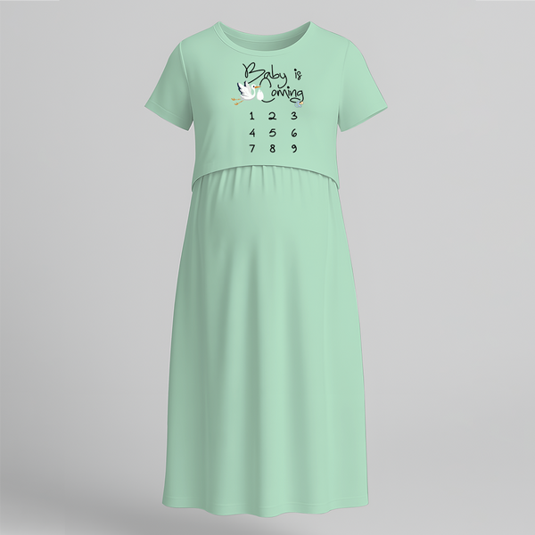 "Baby Is Coming..."- Comfort Fit Maternity Maxi Dress With Prints - MINT GREEN - Extra Small (Chest 32")