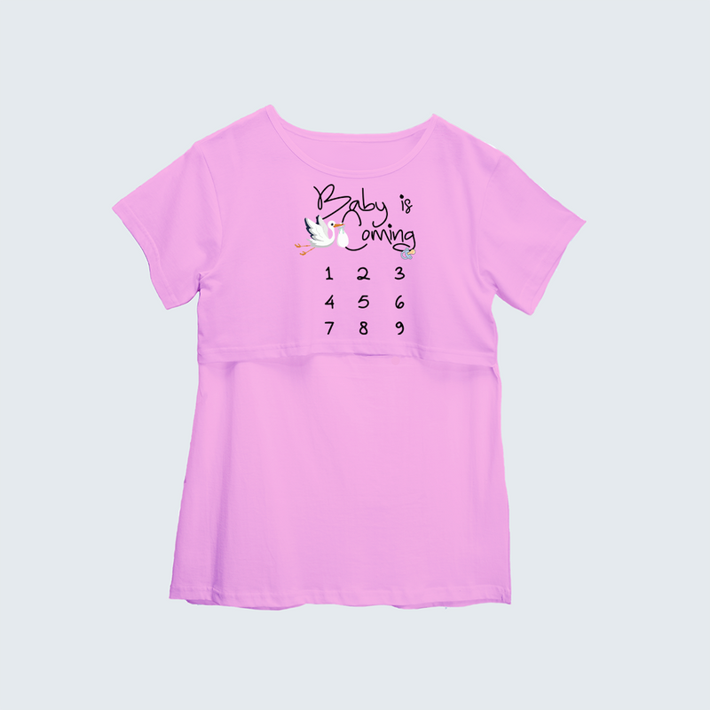 "Baby Is Coming..."- Comfort Fit Maternity T-shirt With Prints - LIGHT PINK - XS XS(Chest 32")