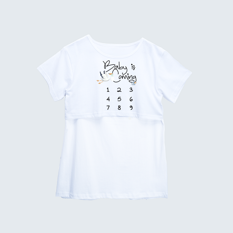 "Baby Is Coming..."- Comfort Fit Maternity T-shirt With Prints - WHITE - XS XS(Chest 32")