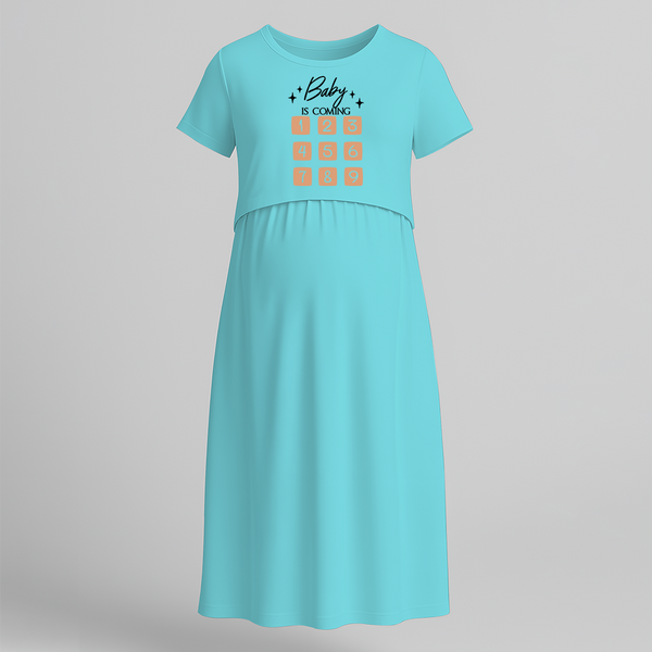 "Baby Is Coming"- Printed Maternity Maxi Dress - BABY BLUE - Extra Small (Chest 32")