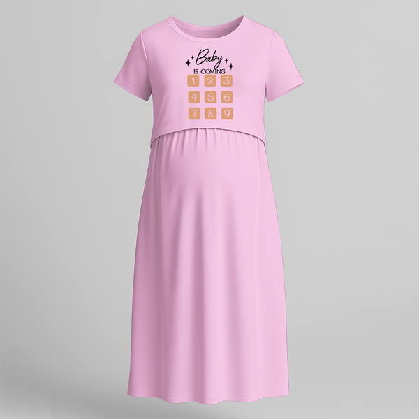 "Baby Is Coming"- Printed Maternity Maxi Dress - BABY PINK - Extra Small (Chest 32")