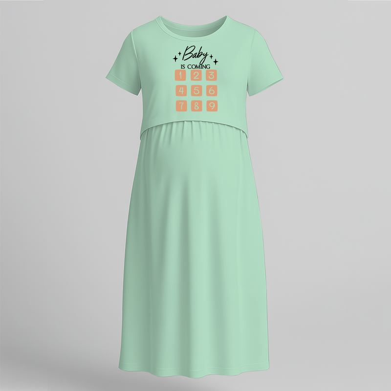 "Baby Is Coming"- Printed Maternity Maxi Dress - MINT GREEN - Extra Small (Chest 32")