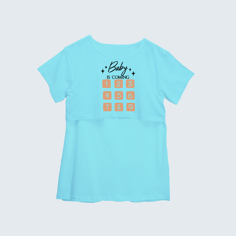 "Baby Is Coming"- Printed Maternity T-shirt - AQUA BLUE - XS XS(Chest 32")