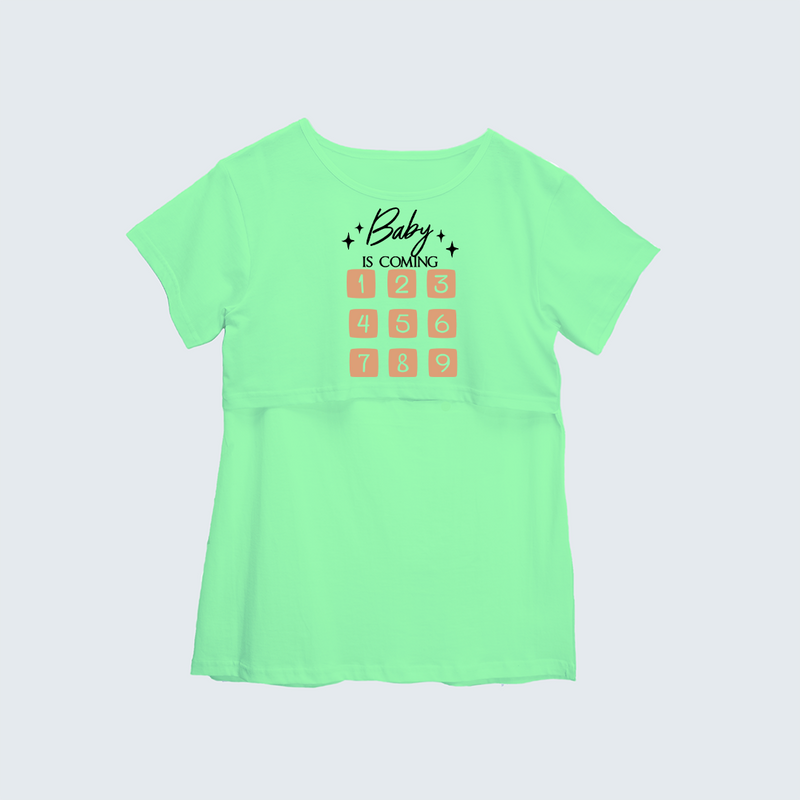 "Baby Is Coming"- Printed Maternity T-shirt - MINT GREEN - XS XS(Chest 32")