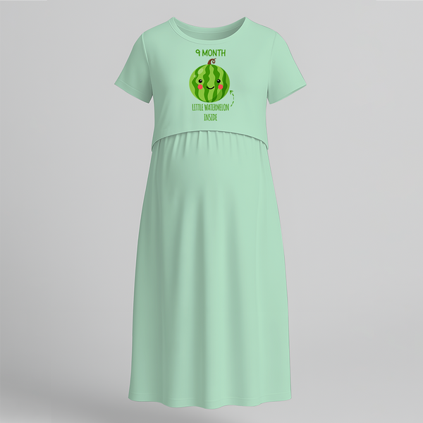 "9 Month - Little Watermelon Inside "- Comfort Fit Maternity Maxi Dress With Prints - MINT GREEN - Extra Small (Chest 32")