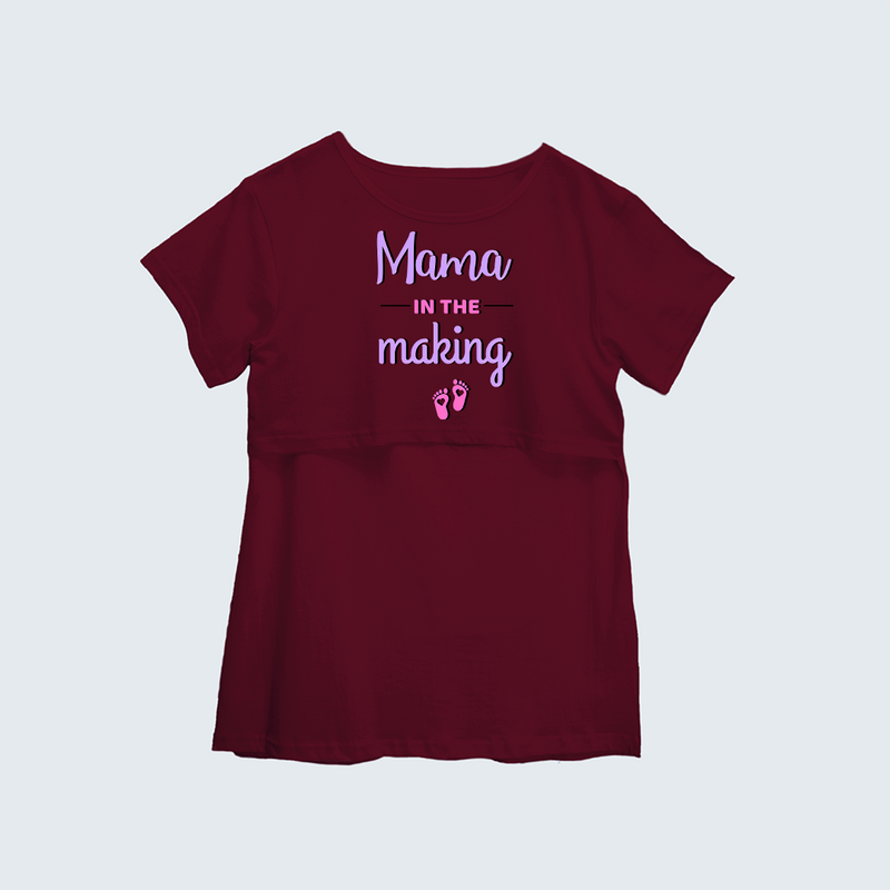 "Mama In The Making" - Comfort Fit Maternity T-shirt With Prints - MAROON - XS XS(Chest 32")