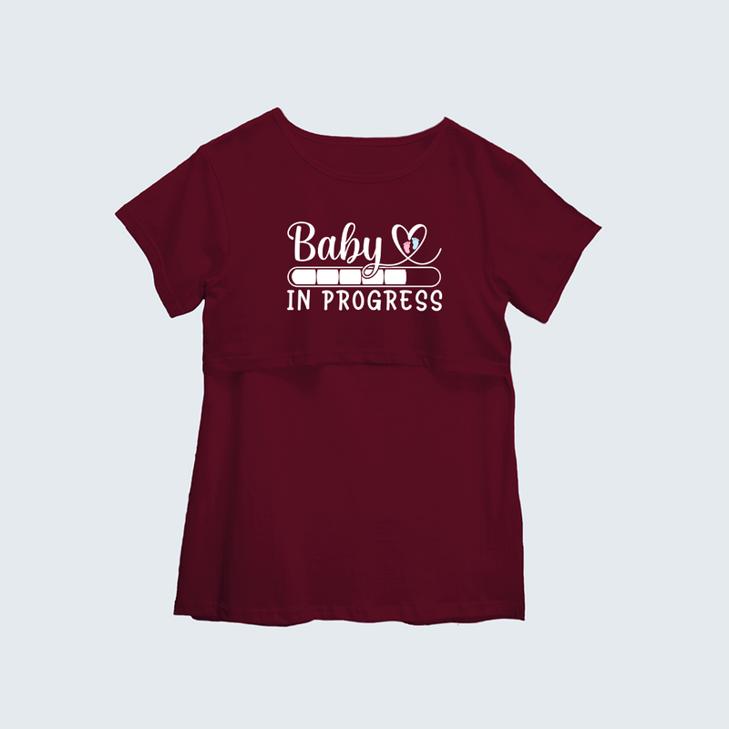 "Baby In Progress " - Comfort Fit Maternity T-shirt With Prints - MAROON - XS XS(Chest 32")