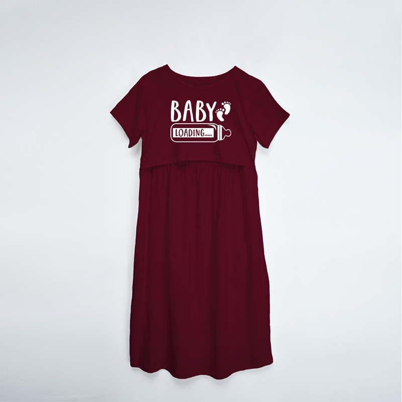 "Baby LoadingÉ.. " - Comfort Fit Maternity Maxi Dress With Prints - MAROON - XS XS(Chest 32")