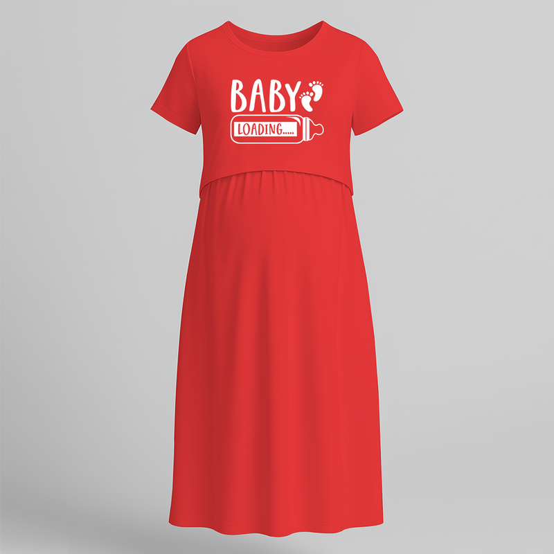 "Baby Loading….. " - Comfort Fit Maternity Maxi Dress With Prints - RED - Extra Small (Chest 32")