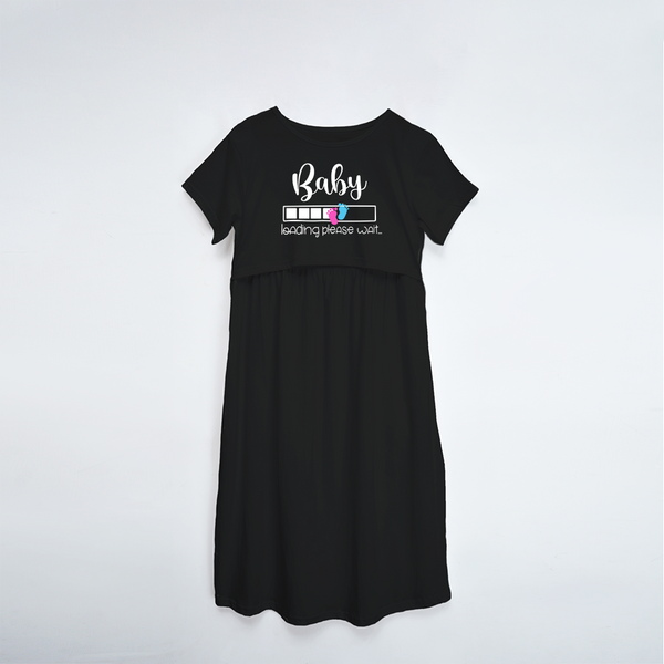"Baby Loading Please WaitÉ. " - Comfort Fit Maternity Maxi Dress With Prints - BLACK - XS XS(Chest 32")
