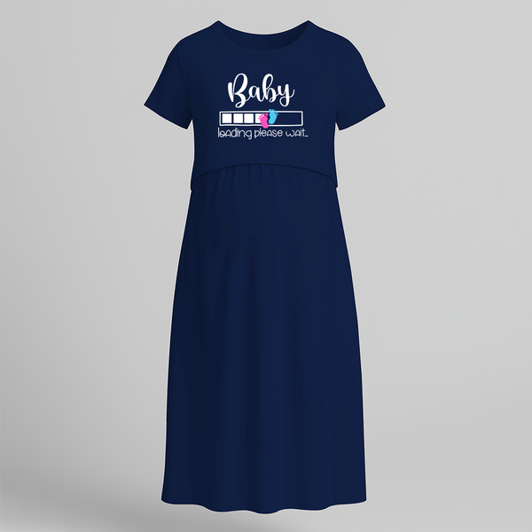 "Baby Loading Please Wait…. " - Comfort Fit Maternity Maxi Dress With Prints - NAVY BLUE - Extra Small (Chest 32")