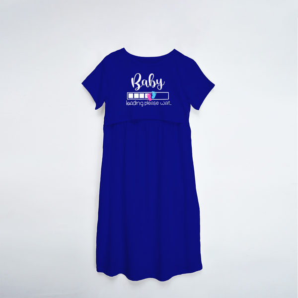 "Baby Loading Please WaitÉ. " - Comfort Fit Maternity Maxi Dress With Prints - ROYAL BLUE - XS XS(Chest 32")