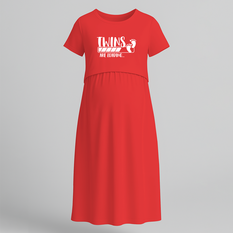"Twins Are Loading…. "- Comfort Fit Maternity Maxi Dress With Prints - RED - Extra Small (Chest 32")