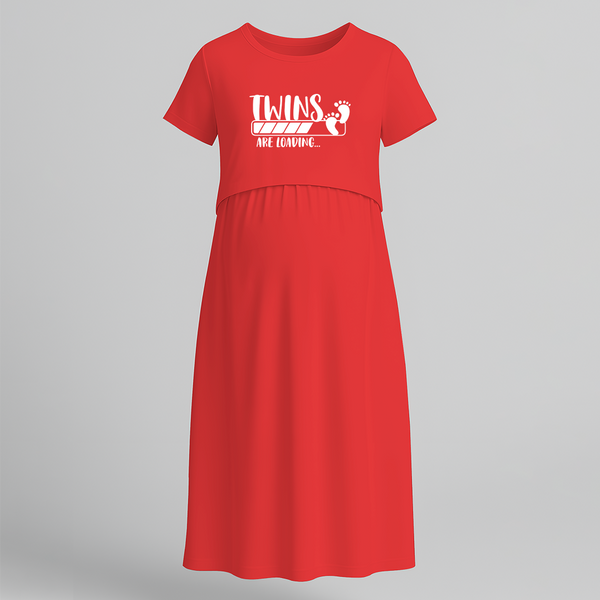 "Twins Are Loading…. "- Comfort Fit Maternity Maxi Dress With Prints - RED - Extra Small (Chest 32")