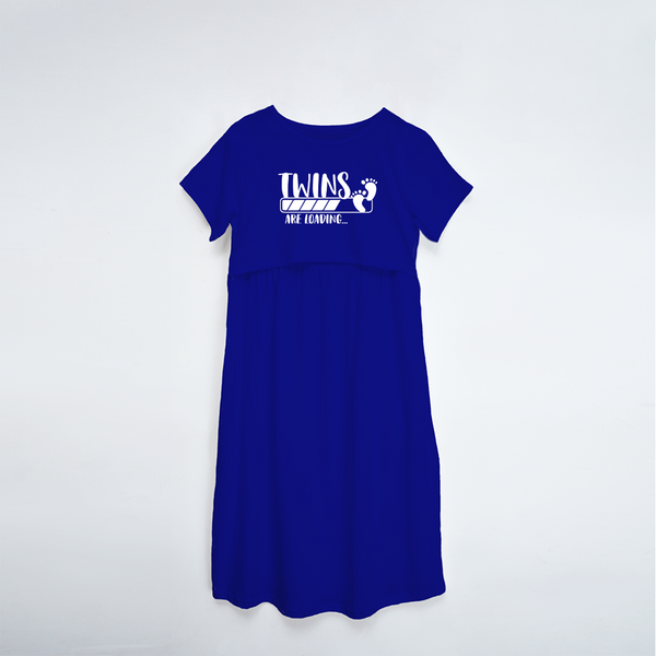 "Twins Are LoadingÉ. "- Comfort Fit Maternity Maxi Dress With Prints - ROYAL BLUE - XS XS(Chest 32")