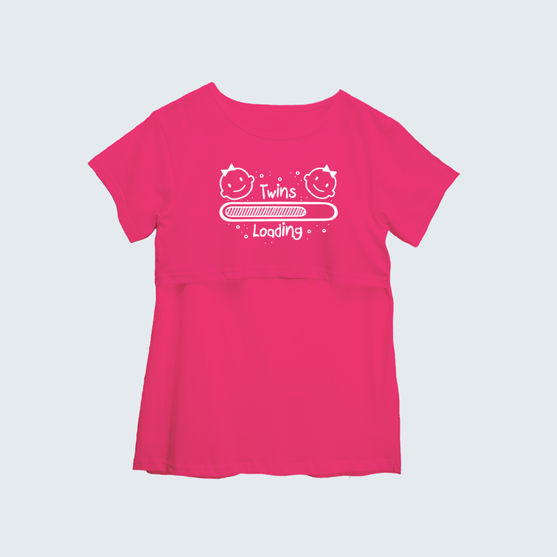 "Twins LoadingÉ. "- Comfort Fit Maternity T-shirt With Prints - PINK - XS XS(Chest 32")