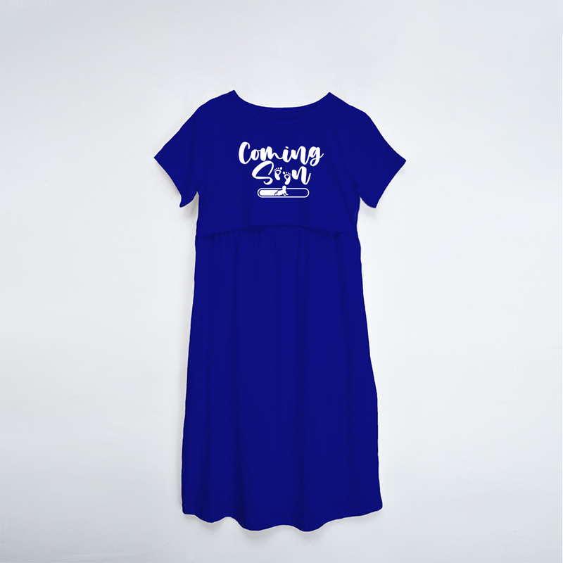 "Coming Soon "- Comfort Fit Maternity Maxi Dress With Prints - ROYAL BLUE - XS XS(Chest 32")