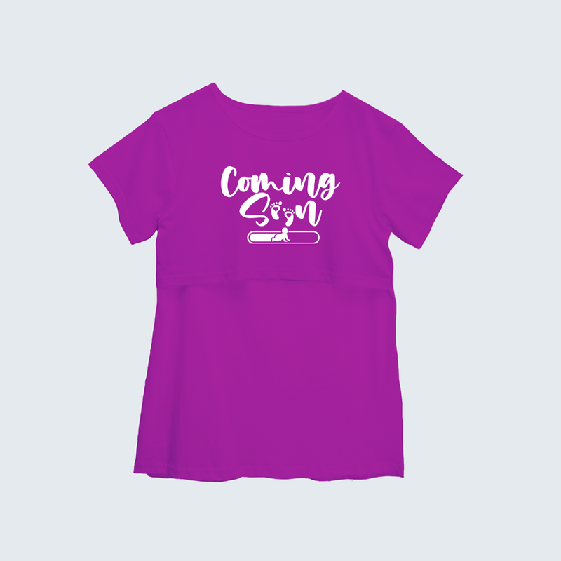 "Coming Soon "- Comfort Fit Maternity T-shirt With Prints - MEGENTA - XS XS(Chest 32")