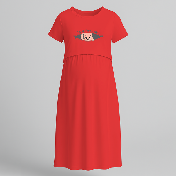 "Is It Time Yet? "- Comfort Fit Maternity Maxi Dress With Prints - RED - Extra Small (Chest 32")