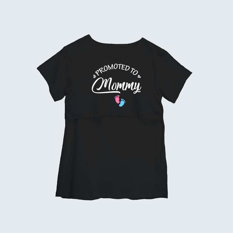 "Promoted To Mommy "- Comfort Fit Maternity T-shirt With Prints - BLACK - XS XS(Chest 32")