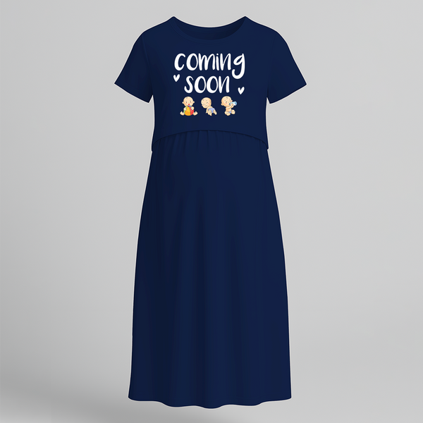 "Baby Coming Soon "- Comfort Fit Maternity Maxi Dress With Prints - NAVY BLUE - Extra Small (Chest 32")