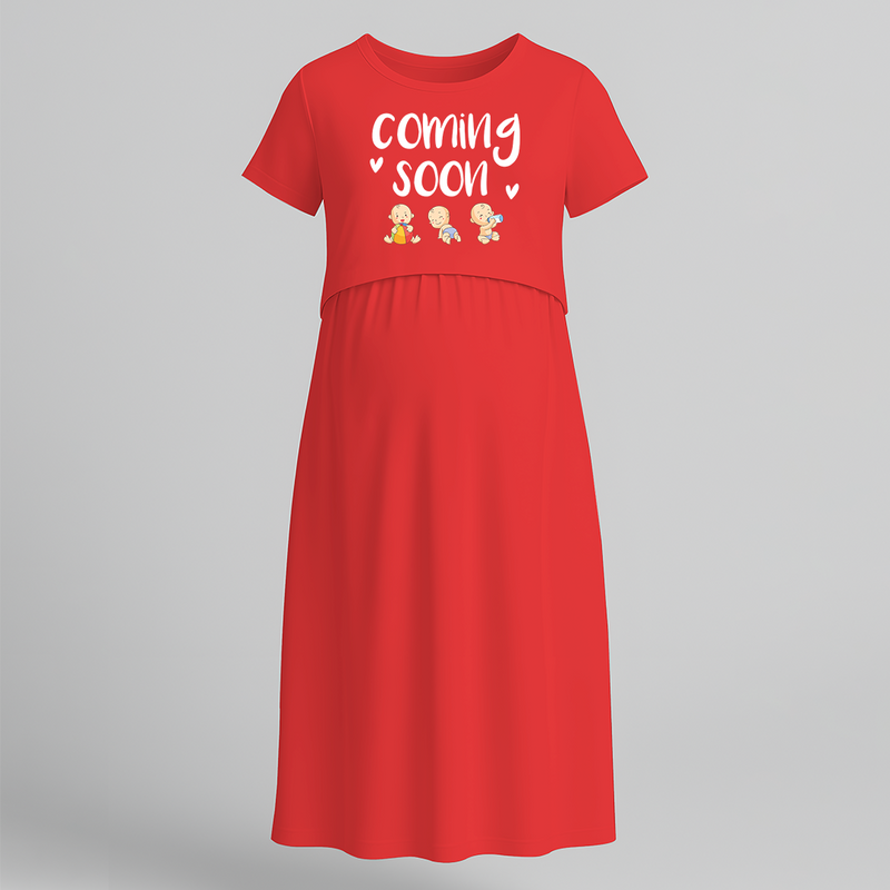 "Baby Coming Soon "- Comfort Fit Maternity Maxi Dress With Prints - RED - Extra Small (Chest 32")