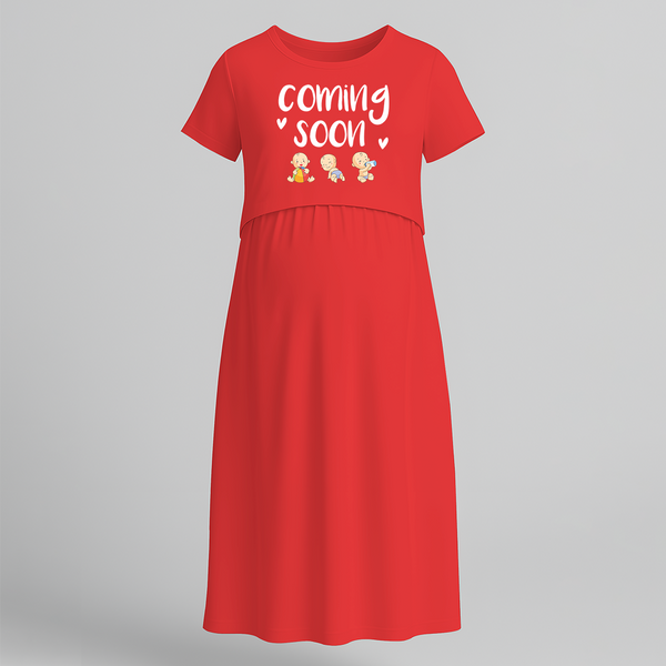 "Baby Coming Soon "- Comfort Fit Maternity Maxi Dress With Prints - RED - Extra Small (Chest 32")
