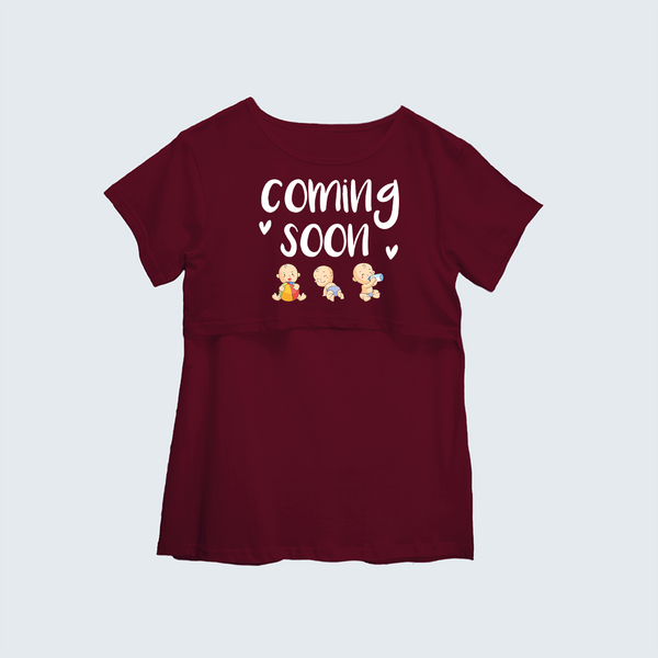 "Baby Coming Soon "- Comfort Fit Maternity T-shirt With Prints - MAROON - XS XS(Chest 32")