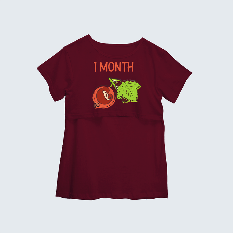 "1 Month"- Comfort Fit Maternity T-shirt With Prints - MAROON - XS XS(Chest 32")