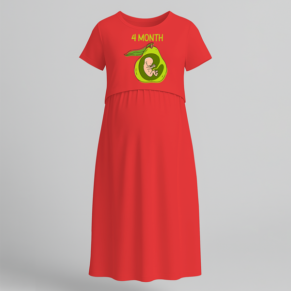"4 Month"- Comfort Fit Maternity Maxi Dress With Prints - RED - Extra Small (Chest 32")
