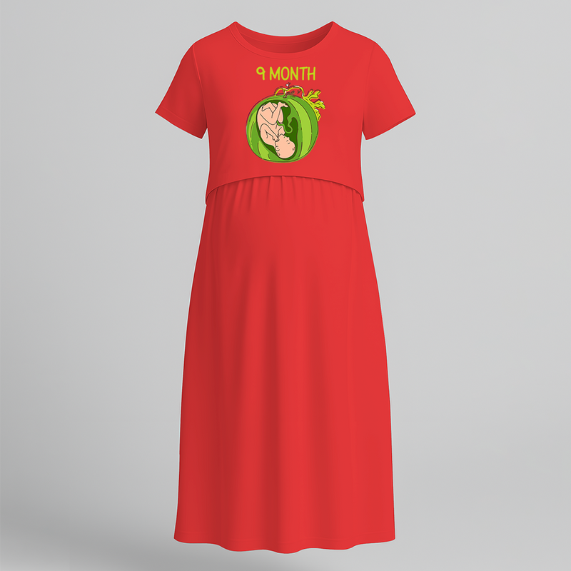 "9 Month"- Comfort Fit Maternity Maxi Dress With Prints - RED - Extra Small (Chest 32")