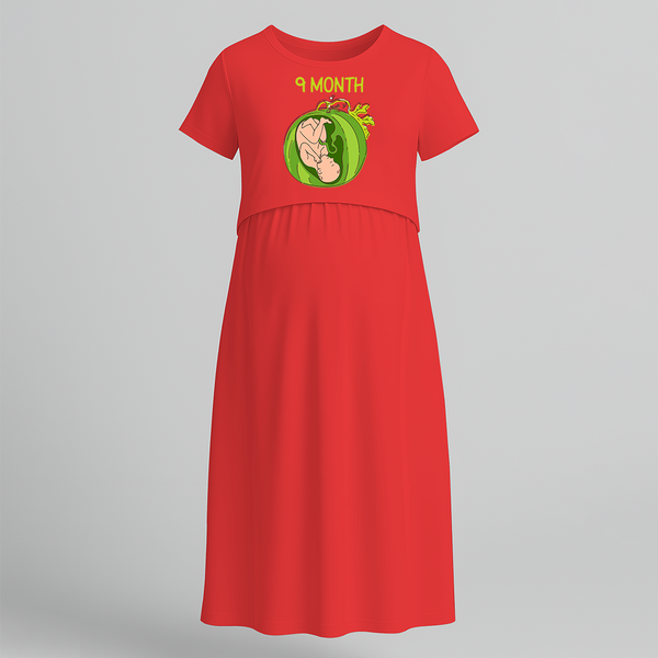 "9 Month"- Comfort Fit Maternity Maxi Dress With Prints - RED - Extra Small (Chest 32")