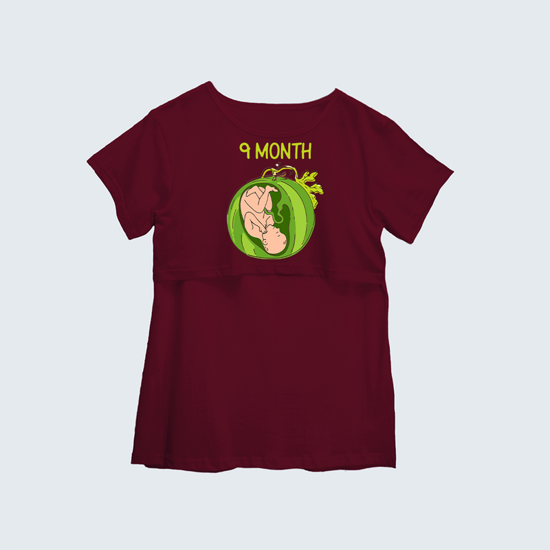 "9 Month"- Comfort Fit Maternity T-shirt With Prints - MAROON - XS XS(Chest 32")