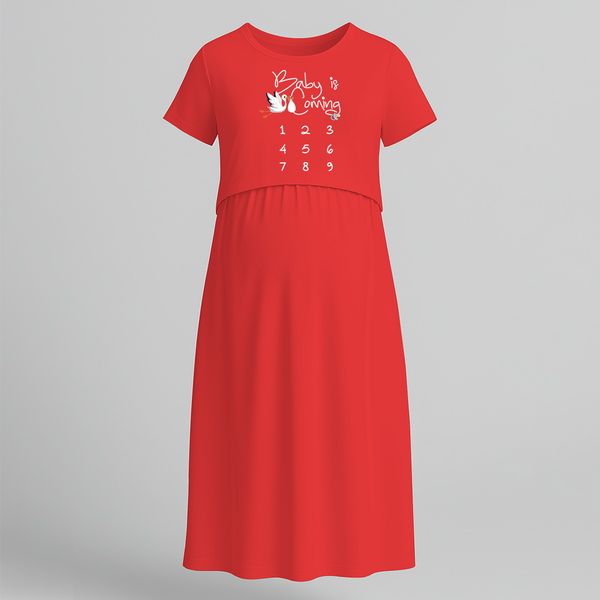 "Baby Is Coming..."- Comfort Fit Maternity Maxi Dress With Prints - RED - Extra Small (Chest 32")