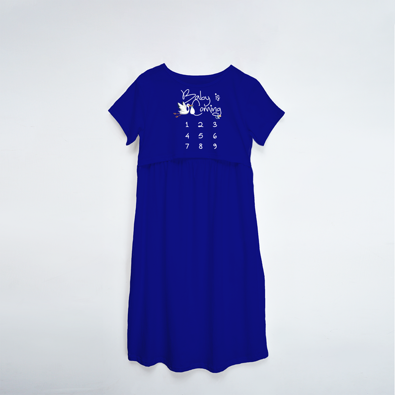 "Baby Is Coming..."- Comfort Fit Maternity Maxi Dress With Prints - ROYAL BLUE - XS XS(Chest 32")