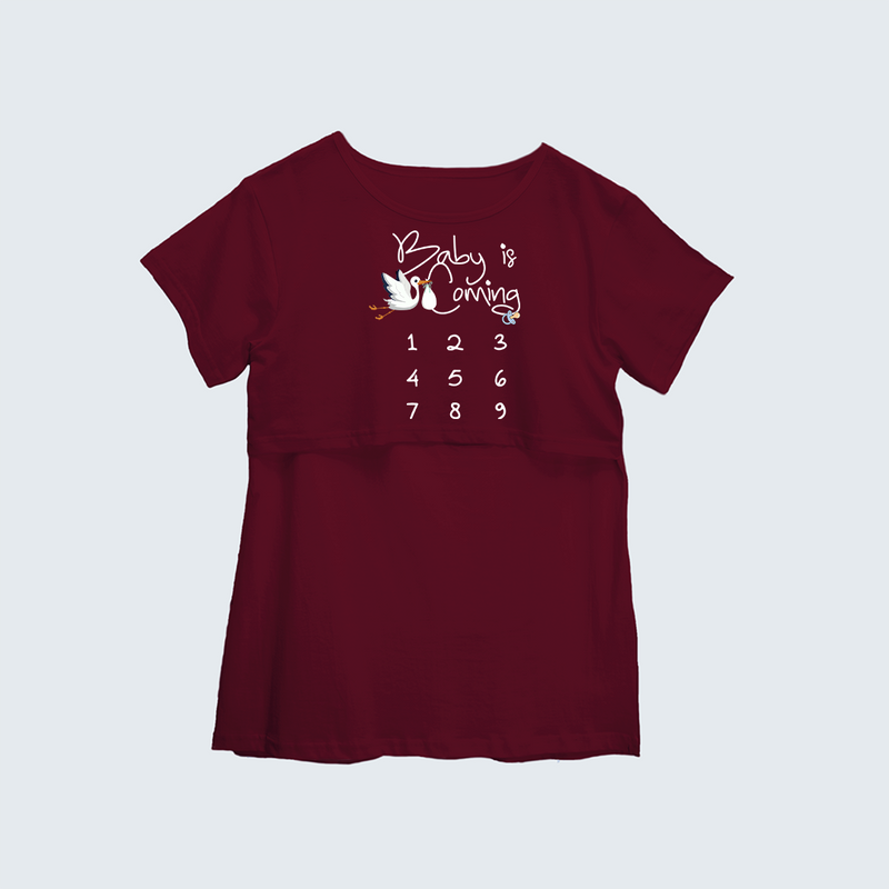 "Baby Is Coming..."- Comfort Fit Maternity T-shirt With Prints - MAROON - XS XS(Chest 32")