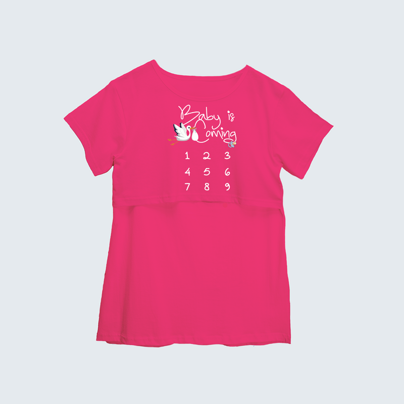 "Baby Is Coming..."- Comfort Fit Maternity T-shirt With Prints - PINK - XS XS(Chest 32")