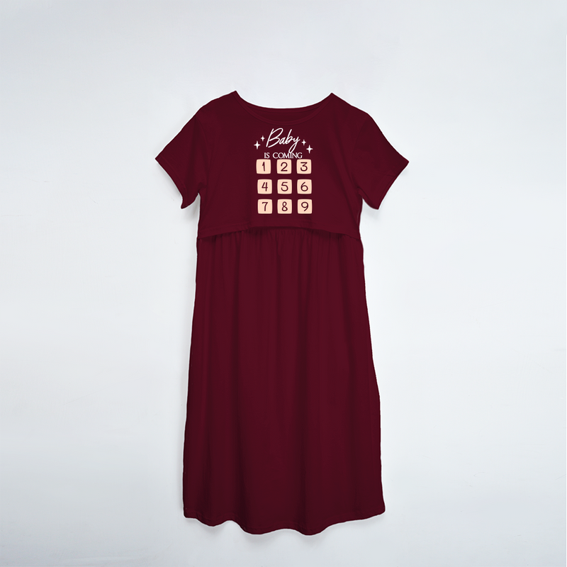 "Baby Is Coming"- Printed Maternity Maxi Dress - MAROON - XS XS(Chest 32")