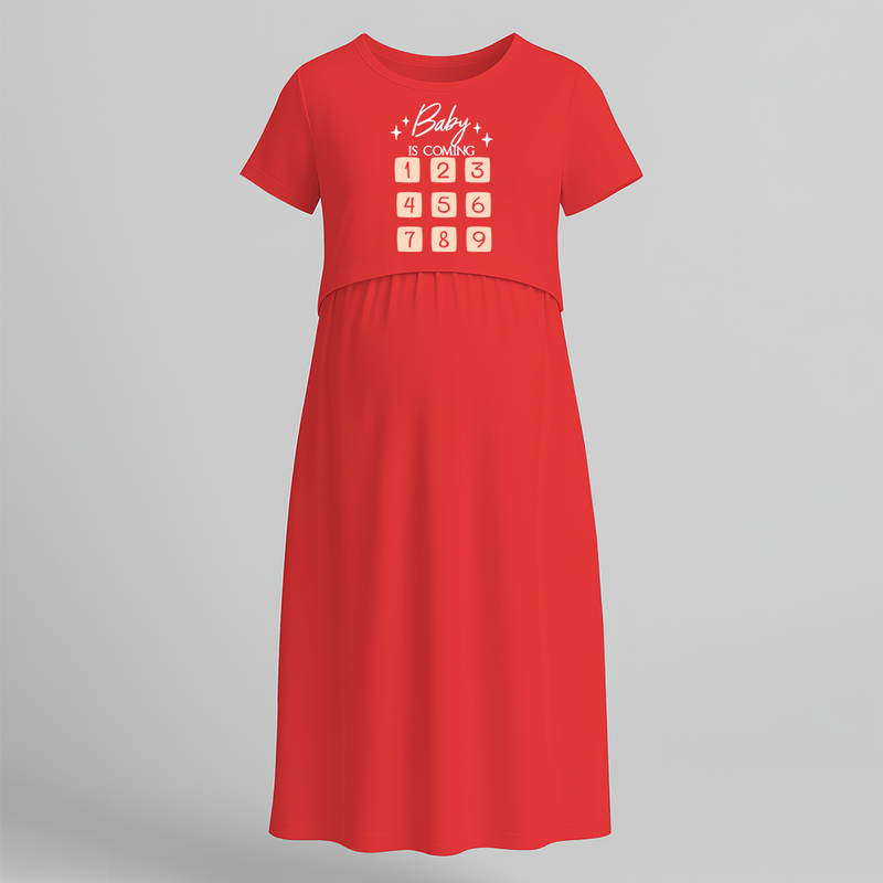 "Baby Is Coming"- Printed Maternity Maxi Dress - RED - Extra Small (Chest 32")