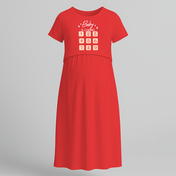 "Baby Is Coming"- Printed Maternity Maxi Dress - RED - Extra Small (Chest 32")