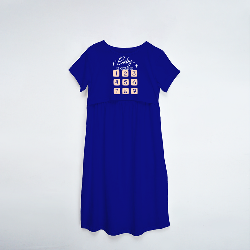 "Baby Is Coming"- Printed Maternity Maxi Dress - ROYAL BLUE - XS XS(Chest 32")