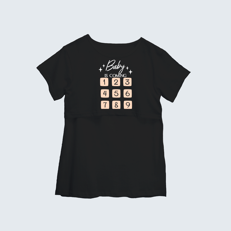 "Baby Is Coming"- Printed Maternity T-shirt - BLACK - XS XS(Chest 32")