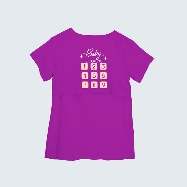 "Baby Is Coming"- Printed Maternity T-shirt - MEGENTA - XS XS(Chest 32")