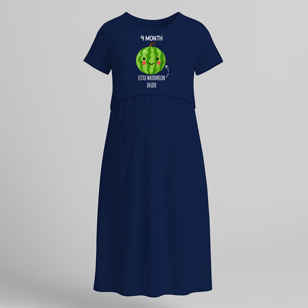 "9 Month - Little Watermelon Inside "- Comfort Fit Maternity Maxi Dress With Prints - NAVY BLUE - Extra Small (Chest 32")