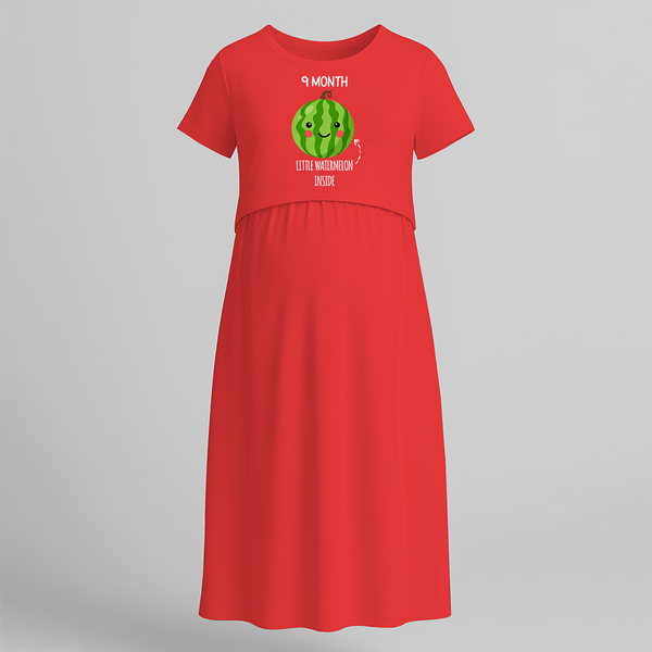 "9 Month - Little Watermelon Inside "- Comfort Fit Maternity Maxi Dress With Prints - RED - Extra Small (Chest 32")