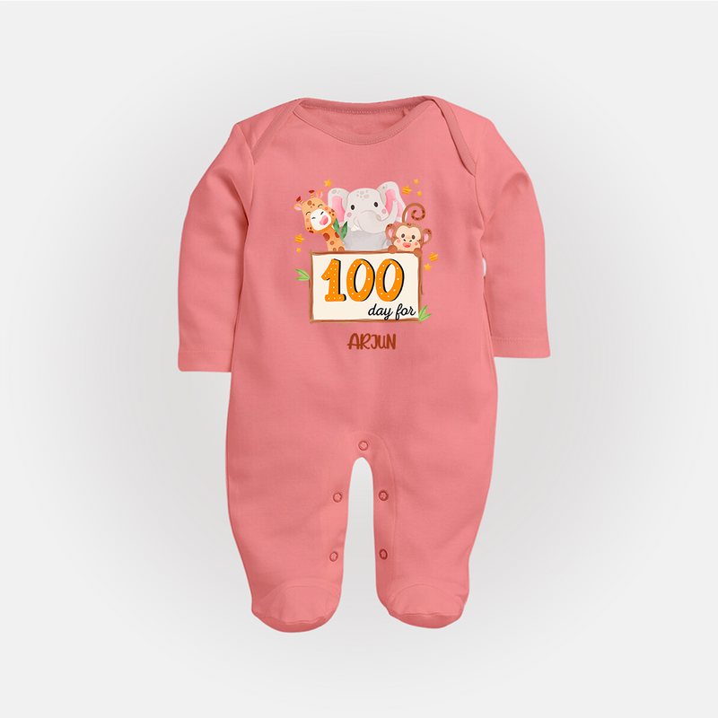 100 Days Old Sleep Suit | Personalized Baby Sleep Suit for 100 Days Milestone - PEACH - New Born (Chest 7.5")