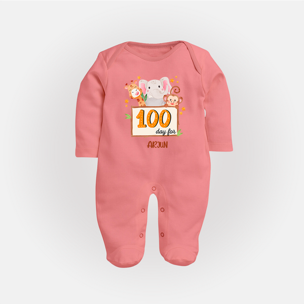 100 Days Old Sleep Suit | Personalized Baby Sleep Suit for 100 Days Milestone - PEACH - New Born (Chest 7.5")