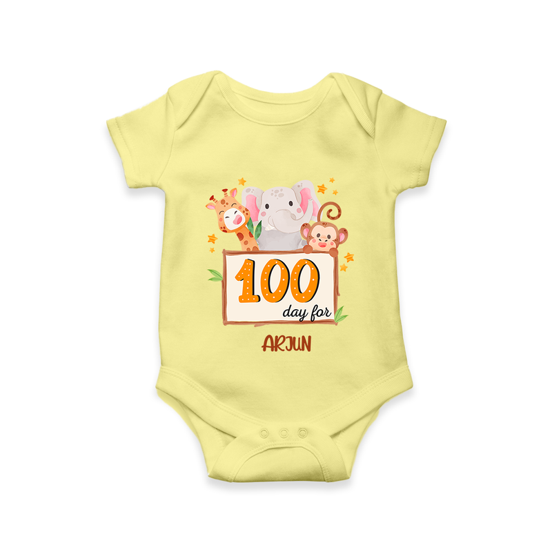 100 Days Old Romper | Personalized Baby Romper for 100 Days Milestone - PASTEL YELLOW - New Born (Chest 14")