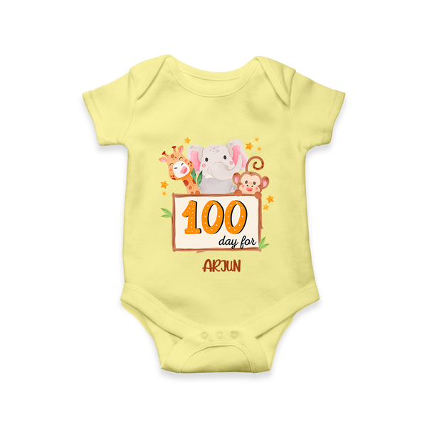 100 Days Old Romper | Personalized Baby Romper for 100 Days Milestone - PASTEL YELLOW - New Born (Chest 14")