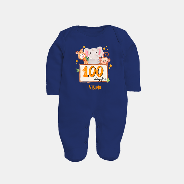 100 Days Old Sleep Suit | Personalized Baby Sleep Suit for 100 Days Milestone - NAVY BLUE - New Born (Chest 7.5")